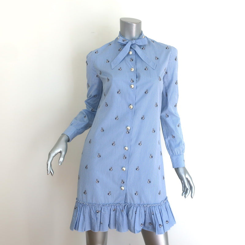 Gucci Rabbit Fil Coupe Tie-Neck Ruffled Shirtdress Blue Striped Cotton Celebrity Owned Gucci Rabbit Fil Coupe Tie-Neck Ruffled Shirtdress Blue Striped Cotton Celebrity Owned
