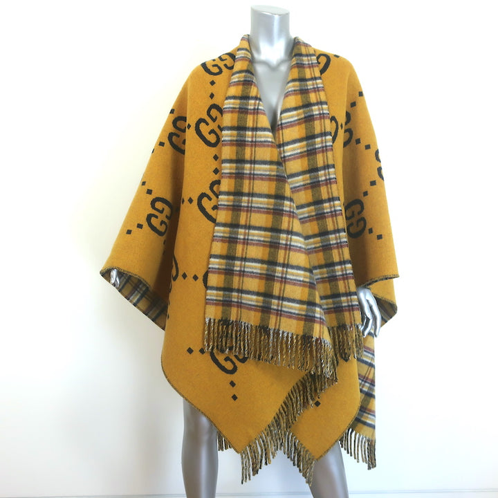 Gucci Reversible GG Wool &amp; Plaid Poncho Mustard Yellow/Multicolor