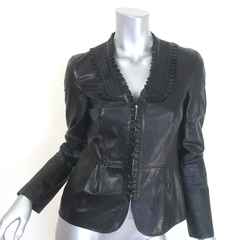 Gucci Ruffled Leather Zip-Up Jacket Black Size 42