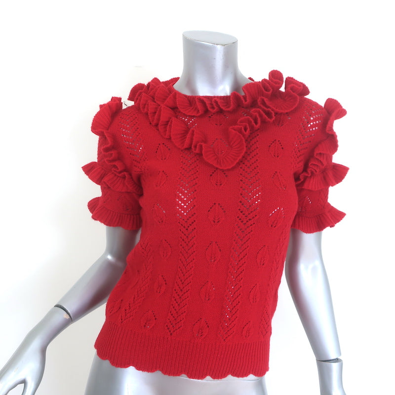 Authentic Gucci ruffled pointelle knit short-sleeve sweater in red wool, pre-owned, size M.