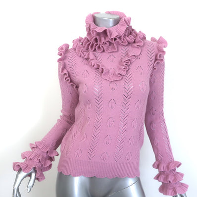 Gucci Ruffled Pointelle Knit Turtleneck Sweater Pink