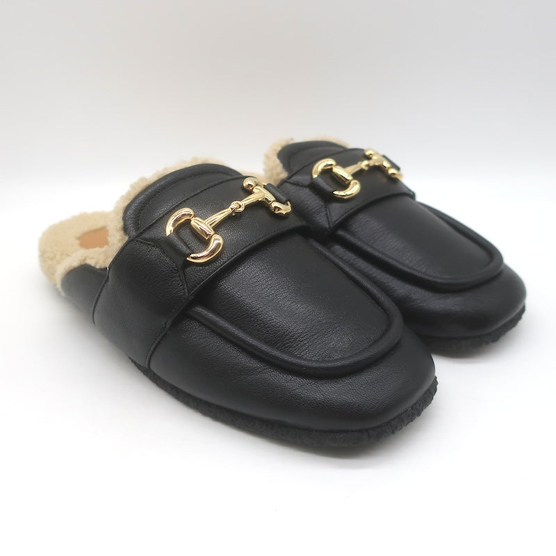 Gucci Shearling Horsebit Mules Black Padded Leather 