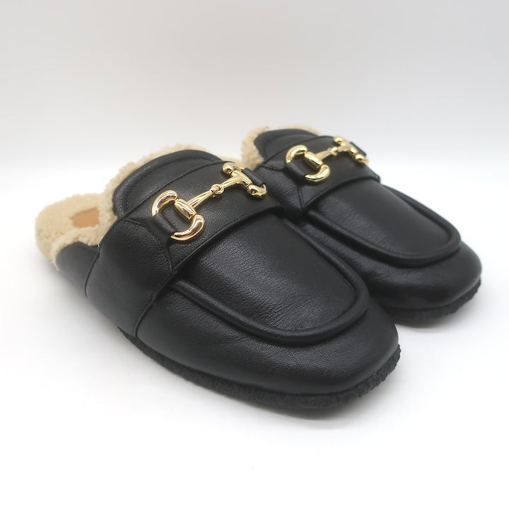Gucci Shearling Horsebit Mules Black Padded Leather 