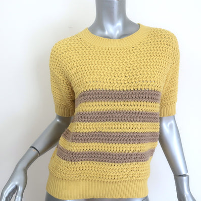 Gucci Striped Short Sleeve Sweater Top Yellow Crocheted Cotton Size Small