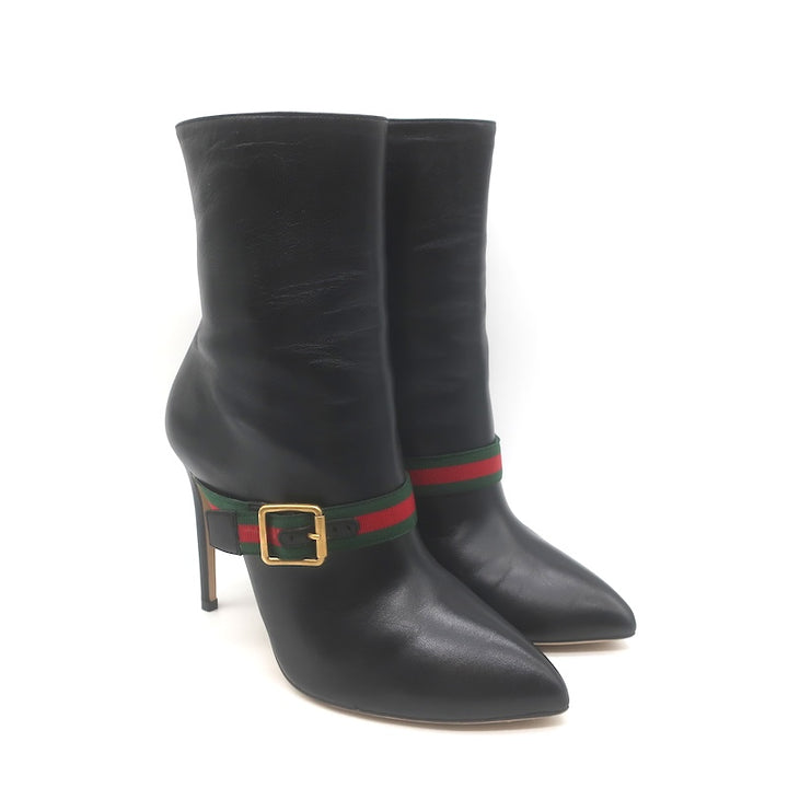 Gucci Sylvie Web Strap High Heel Ankle Boots Black