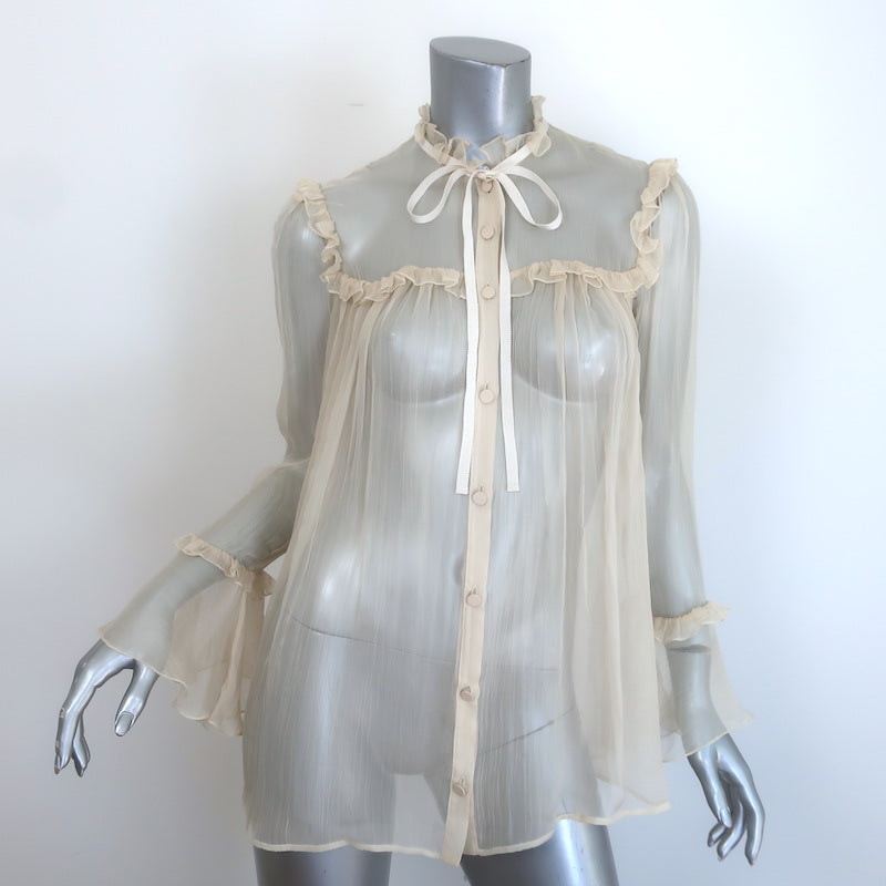 Gucci Tie-Neck Ruffled Chiffon Blouse Ivory Size 36 