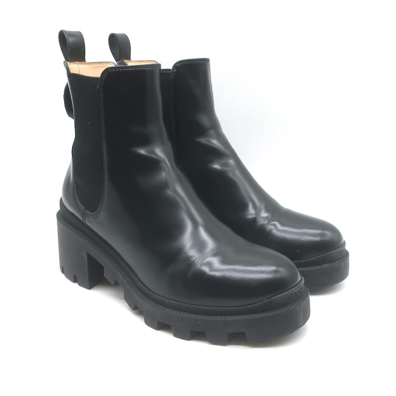 Gucci Trip Lug Sole Chelsea Boots Black Polished Leather Size 36.5