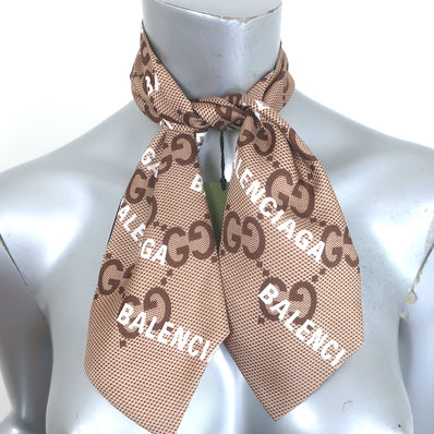 Gucci x Balenciaga Hacker Project GG Logo Print Neck Bow Scarf Brown Silk NEW