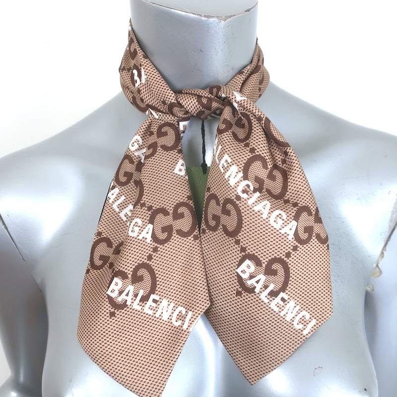 Gucci x Balenciaga Hacker Project GG Logo Print Neck Bow Scarf Brown Silk NEW