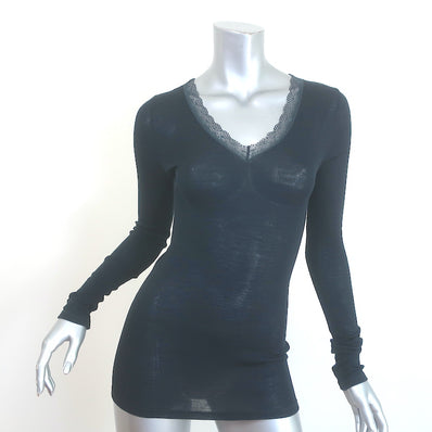 Hanro Woolen Lace V-Neck Top Fine Ribbed Wool-Silk Black Size Small NEW