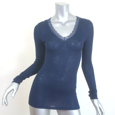 Hanro Woolen Lace V-Neck Top Fine Ribbed Wool-Silk Intense Blue Size Small NEW