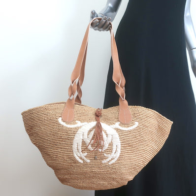 Helen Kaminski Embroidered Raffia Beach Bag Beige Large Tote