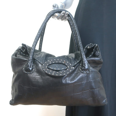 Henry Beguelin Large Fold-Over Shoulder Bag Black Croc-Embossed Leather