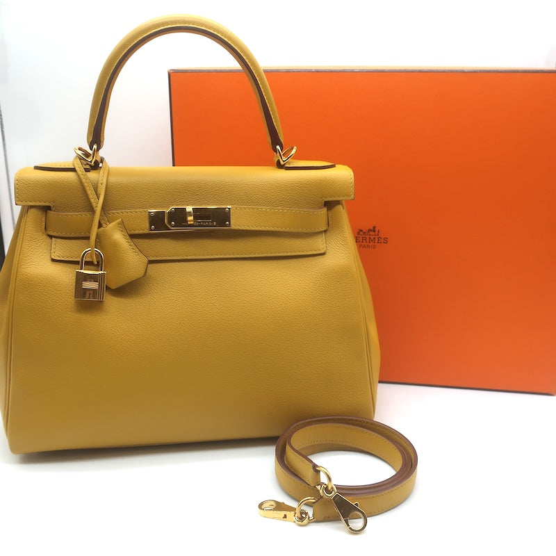 Hermes 2019 Kelly 28 Bag Jaune Ambre Togo Leather Gold Hardware