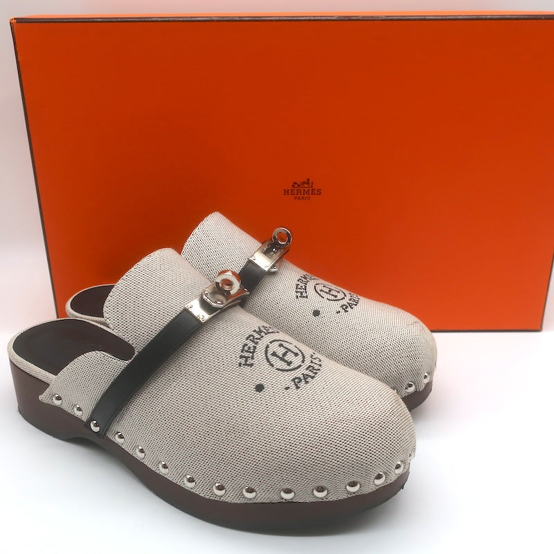 Hermes Carlotta Logo Print Canvas Clog Mules 