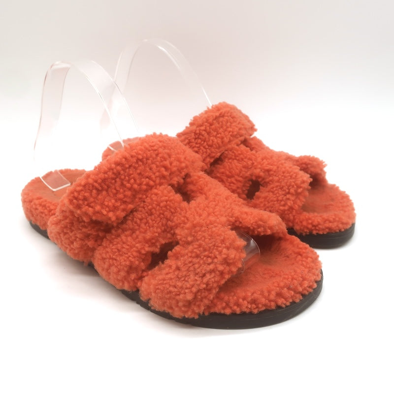 Hermes Chypre Shearling Slide Sandals Orange Size 39