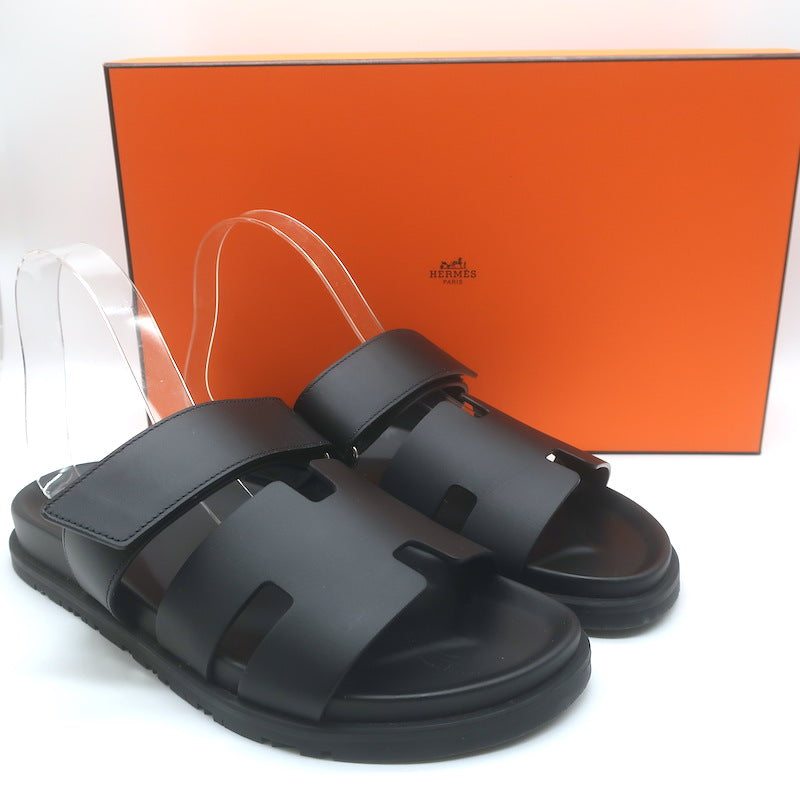 Hermes Chypre Slide Sandals Black Leather Size 40.5