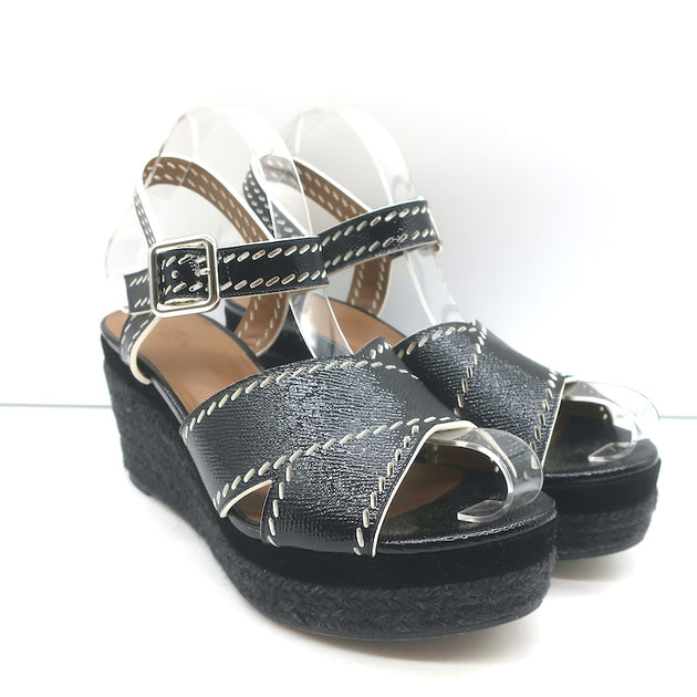 Hermes Crisscross Espadrille Wedge Sandals Black Patent Leather
