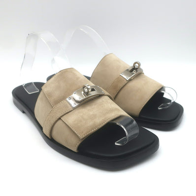 Hermes Gabriel Slide Sandals Beige Suede 