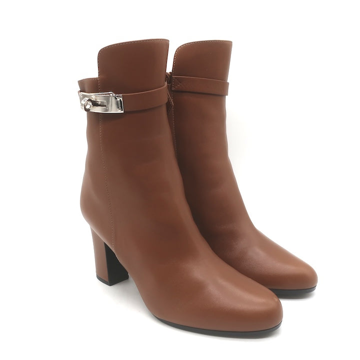 Hermes Joueuse Kelly Lock Ankle Boots Brown Leather Size 38