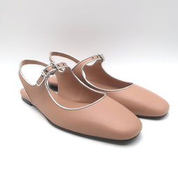 Hermes Kleo Slingback Flats Beige & Metallic Silver Leather