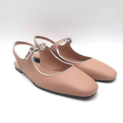 Hermes Kleo Slingback Flats Beige & Metallic Silver Leather