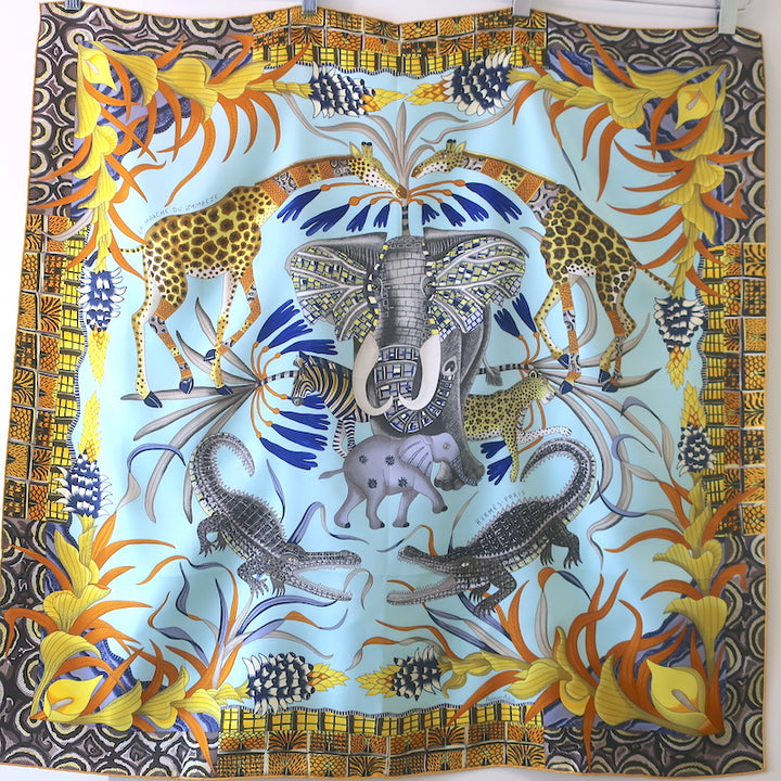 Hermes La Marche du Zambeze 90cm Scarf Light Blue Silk Twill NEW