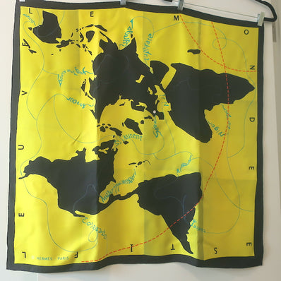 Hermes Le Monde est une Fleuve 90cm Scarf Yellow World Print Silk Twill
