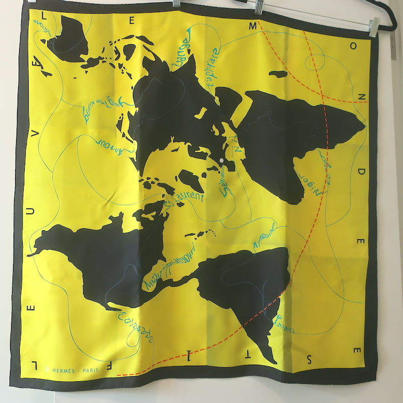Hermes Le Monde est une Fleuve 90cm Scarf Yellow World Print Silk Twill