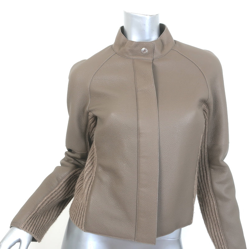 Hermes Leather &amp; Cashmere Ribbed Knit Jacket Gris Etoupe Size 38