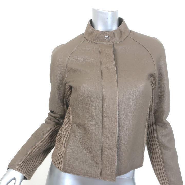 Hermes Leather &amp; Cashmere Ribbed Knit Jacket Gris Etoupe Size 38