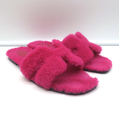 Hermes Oran Teddy Slide Sandals Pink Shearling 