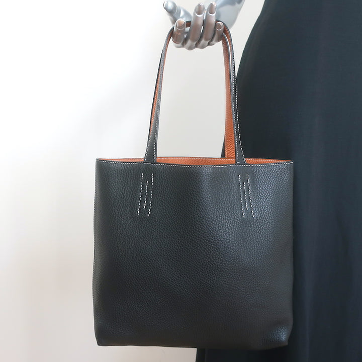 Hermes Sac Double Sens 32 Reversible Tote Black &amp; Orange Clemence Leather