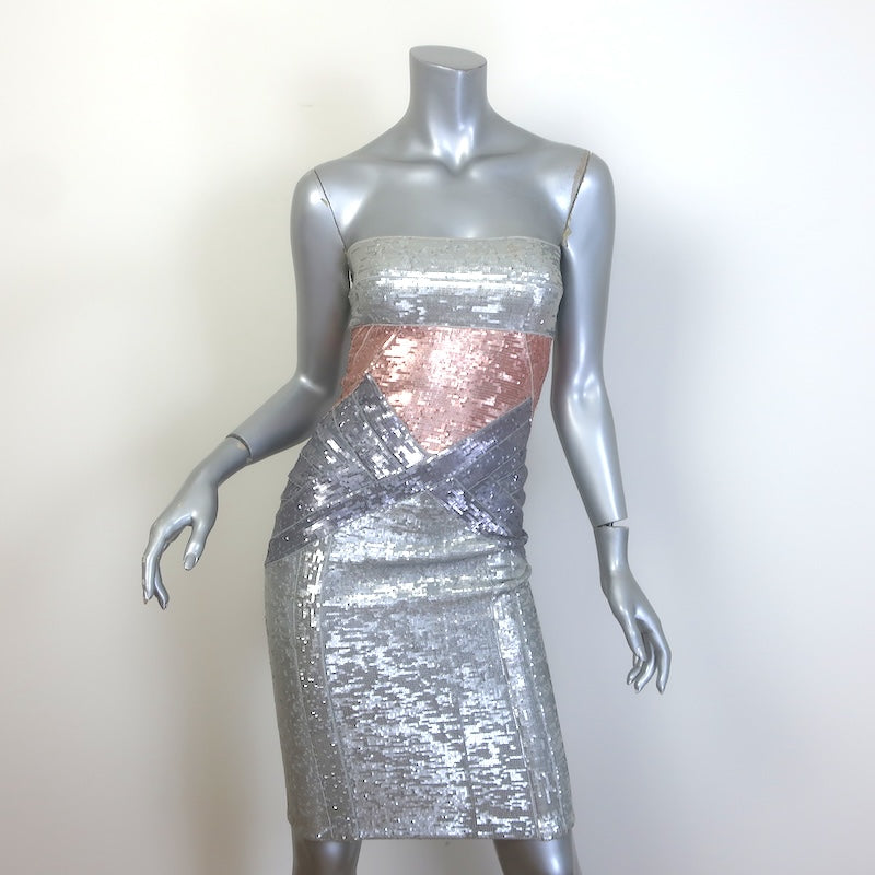 Herve Leger Colorblock Sequin Strapless Bandage Dress