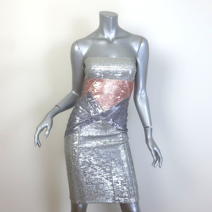 Herve Leger Colorblock Sequin Strapless Bandage Dress