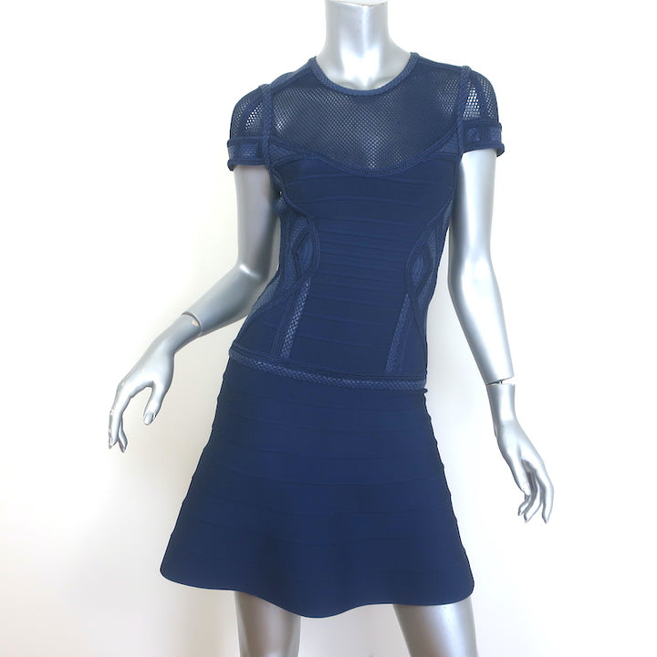 Herve Leger Snake-Embossed Leather &amp; Mesh Bandage Dress 