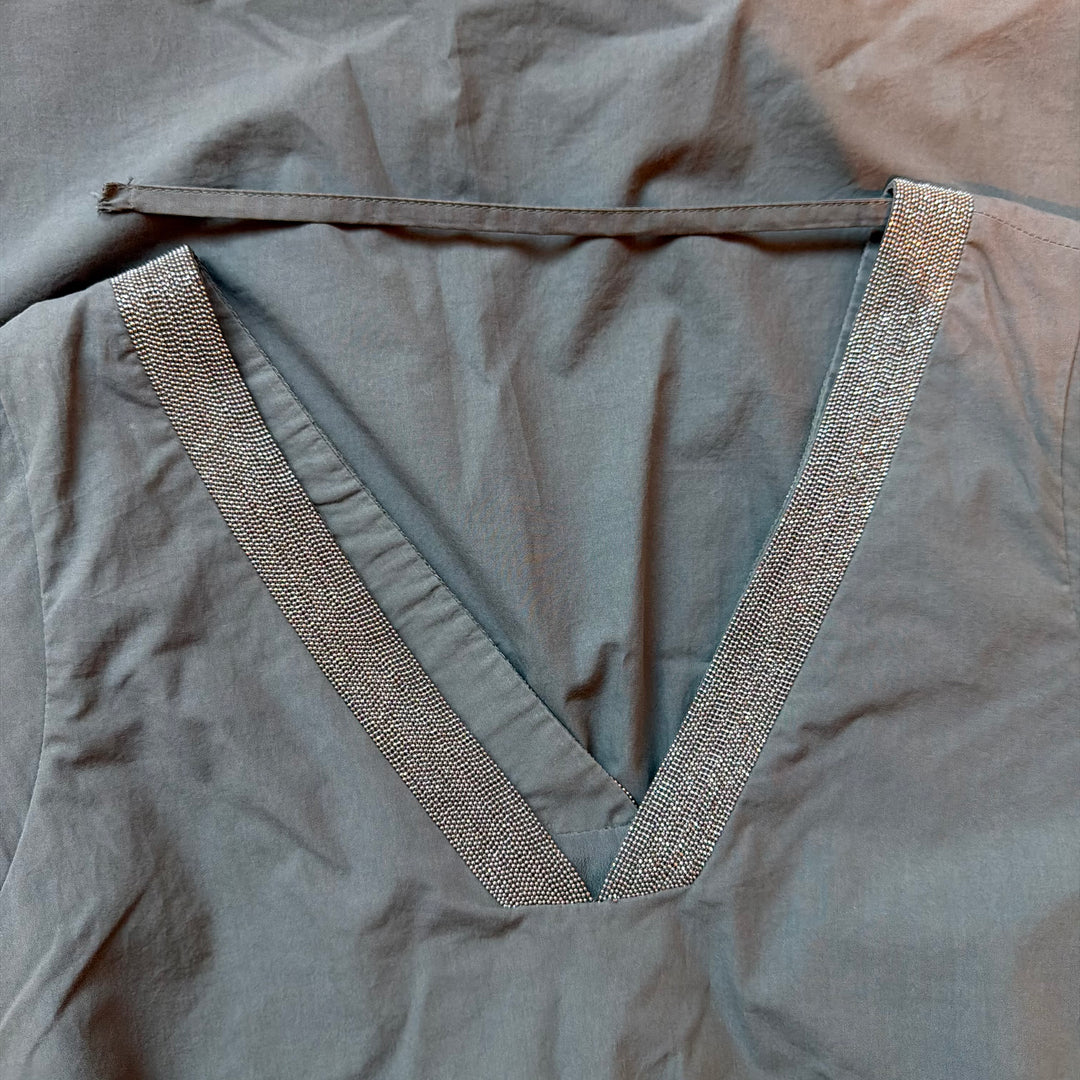 Brunello Cucinelli Monili-Trim Double V-Neck Mini Dress Gray Cotton Size Medium
