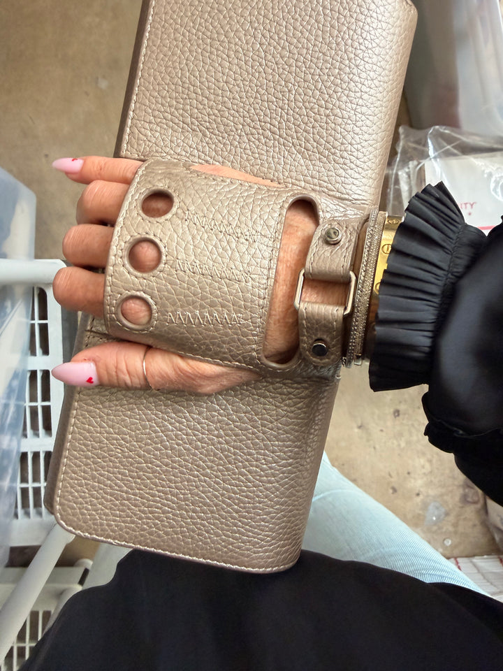 Perrin Le Cabriolet Glove Clutch Light Gold / Beige Metallic Grained Leather NEW