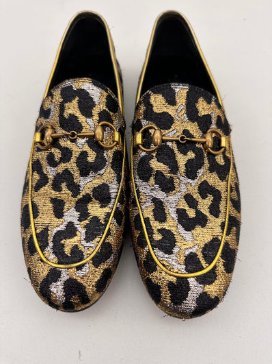 Gucci Jordaan Horsebit Loafer With Leopard Print Jacquard Sz 38.5
