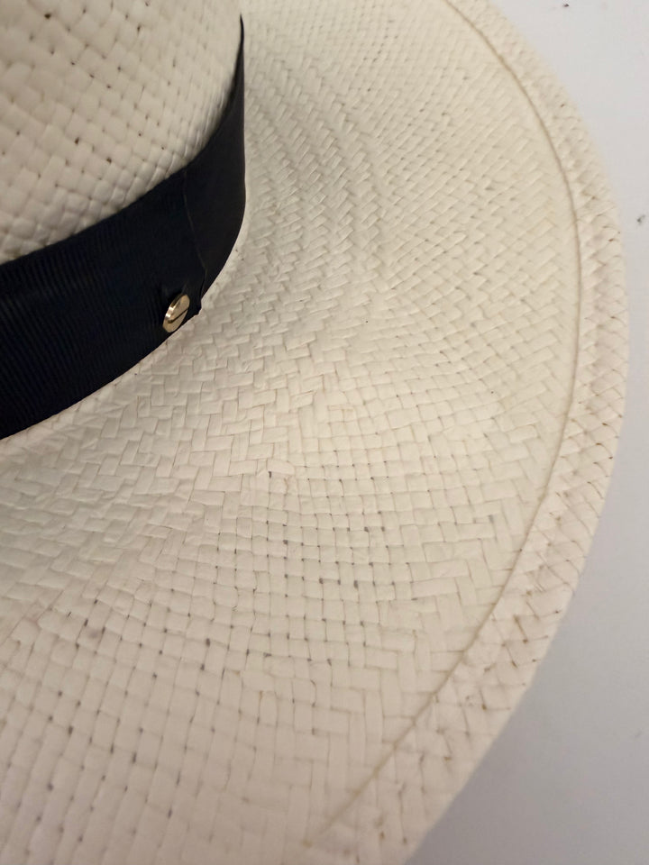 Janessa Leone Michon Straw Fedora Hat Bleach with Black Band Size Medium