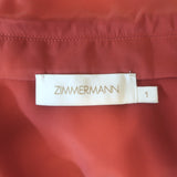 Zimmermann pre-owned crimson silk satin long-sleeve mini wrap dress, authentic; minor back smudges and faint hem spots