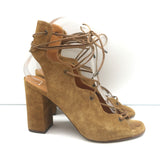 Saint Laurent Babies tan suede lace-up sandals, open-toe heels, authentic pre-owned luxury pair.