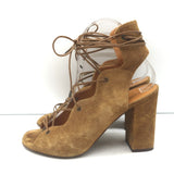 Saint Laurent lace-up open-toe sandals in tan suede, authentic pre-owned heels with gentle wear