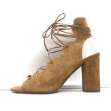 Saint Laurent Babies lace-up open-toe sandals in tan suede, authentic pre-owned luxury heels, size 37