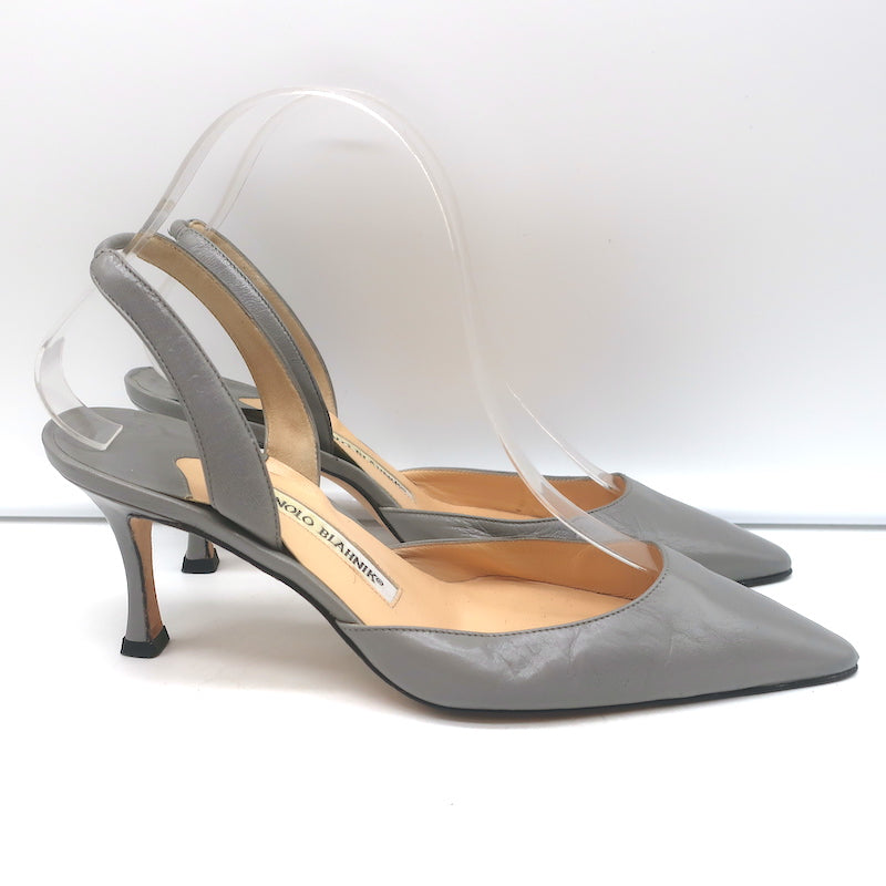 Manolo Blahnik Carolyne Slingback Pumps Gray Leather Size 37 Pointed Toe Heels