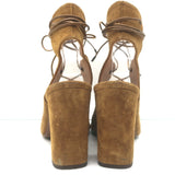 Yves Saint Laurent Babies lace-up open-toe heels in tan suede, size 37, authentic pre-owned with light wear.