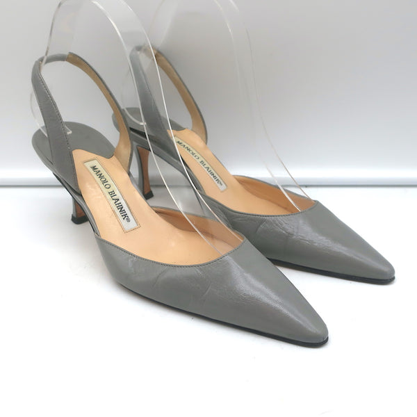 Manolo Blahnik Carolyne Slingback Pumps Gray Leather Size 37 Pointed Toe  Heels