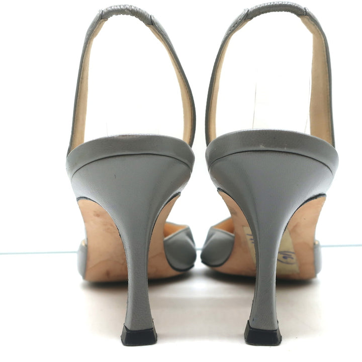 Manolo Blahnik Carolyne Slingback Pumps Gray Leather Size 37 Pointed Toe Heels
