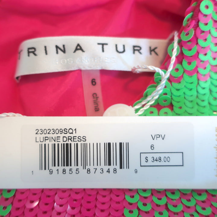 Trina Turk Lupine Sequined Checkerboard Mini Dress Pink &amp; Green Size 6 NEW