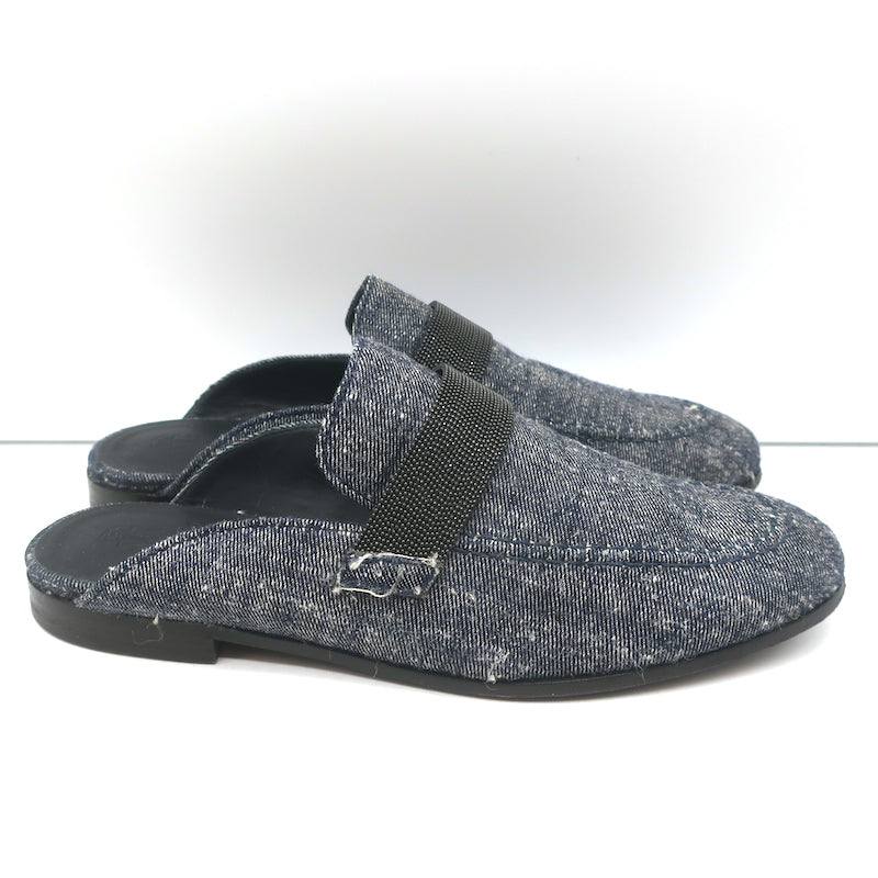 Brunello Cucinelli Monili Trim Denim Mules Blue Size 37 Flat Backless Loafers